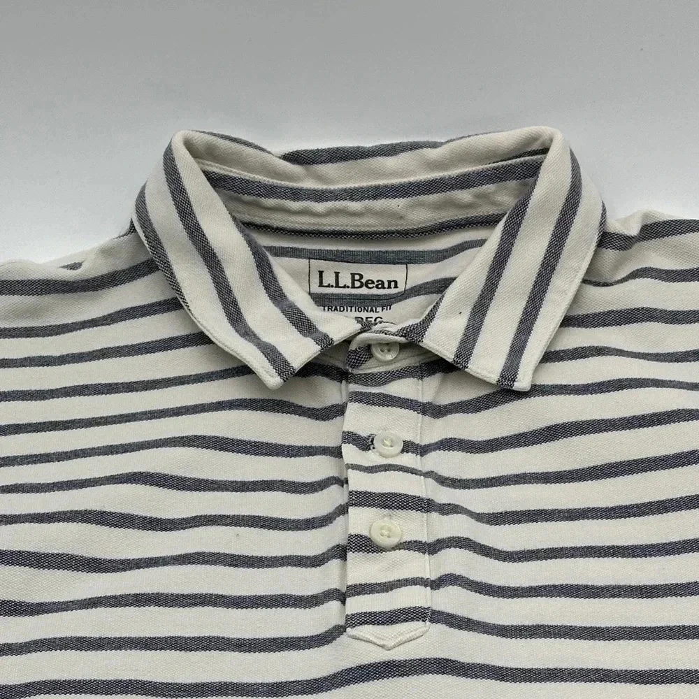 Men's LL Bean Traditional Fit white blue‎ Stripe Polo Medium